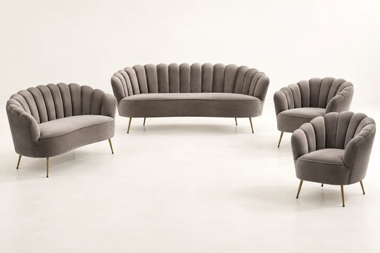 Cosima Sofa — 7-seat set visualization: one 3-seater, one 2-seater and two matching chairs. طقم ٧ مقاعد: ثلاثي + ثنائي + كرسيين.