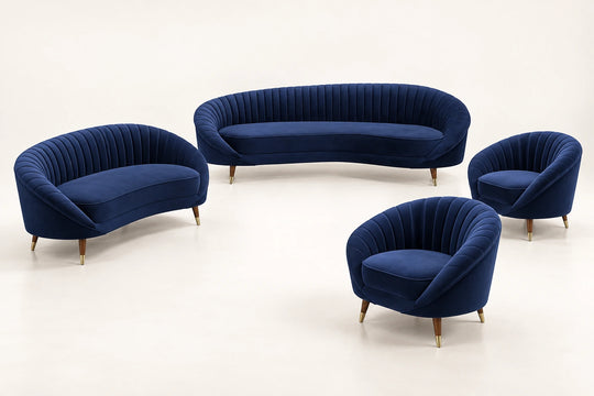 Celeste Sofa — 7-seat set visualization: one 3-seater, one 2-seater and two matching chairs. طقم ٧ مقاعد: ثلاثي + ثنائي + كرسيين.