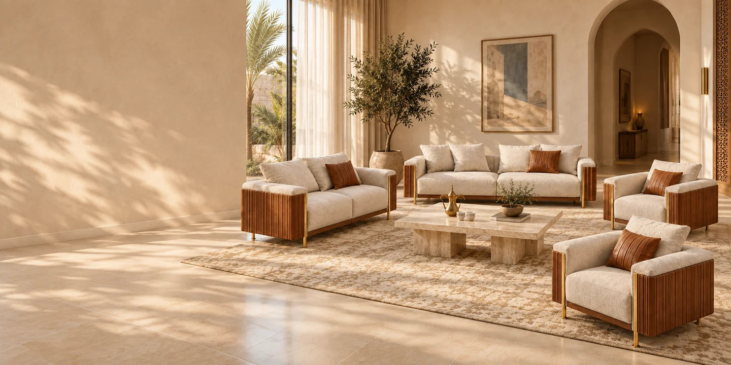 The complete Deven sofa set in a sunlit Saudi salon