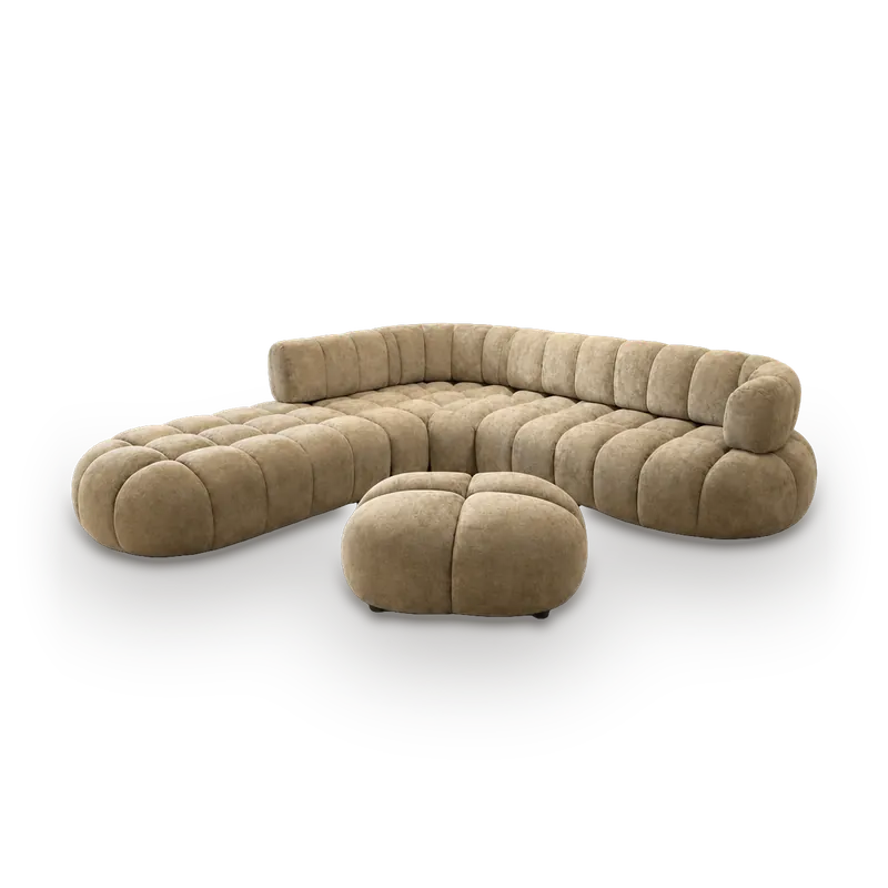 Balaz curved corner sofa in sand beige bouclé with channelled seats and a matching round pouf
