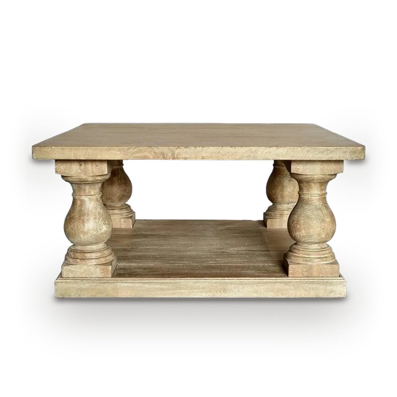 April square coffee table in light weathered wood with turned baluster legs and a lower shelf, 92 × 92 cm