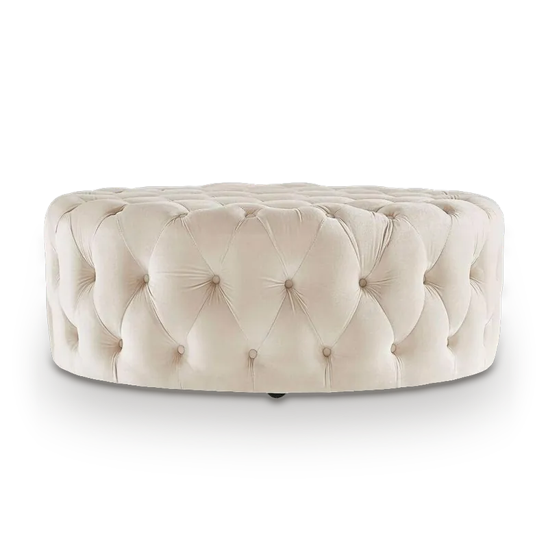 Tallulah large round button-tufted ottoman in ivory velvet, 90 cm