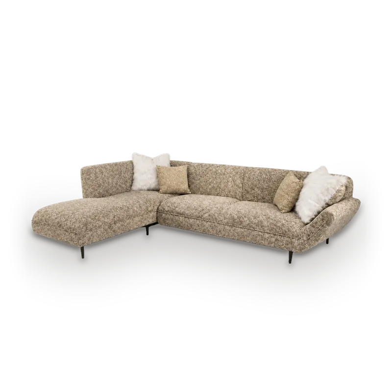 City 1 corner sofa with chaise in beige patterned fabric with a sloping arm and slim black legs, 300 × 200 cm