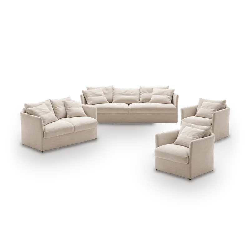 Divani sofa set in light beige linen-look fabric with loose back cushions and slim flared arms, 7 seats