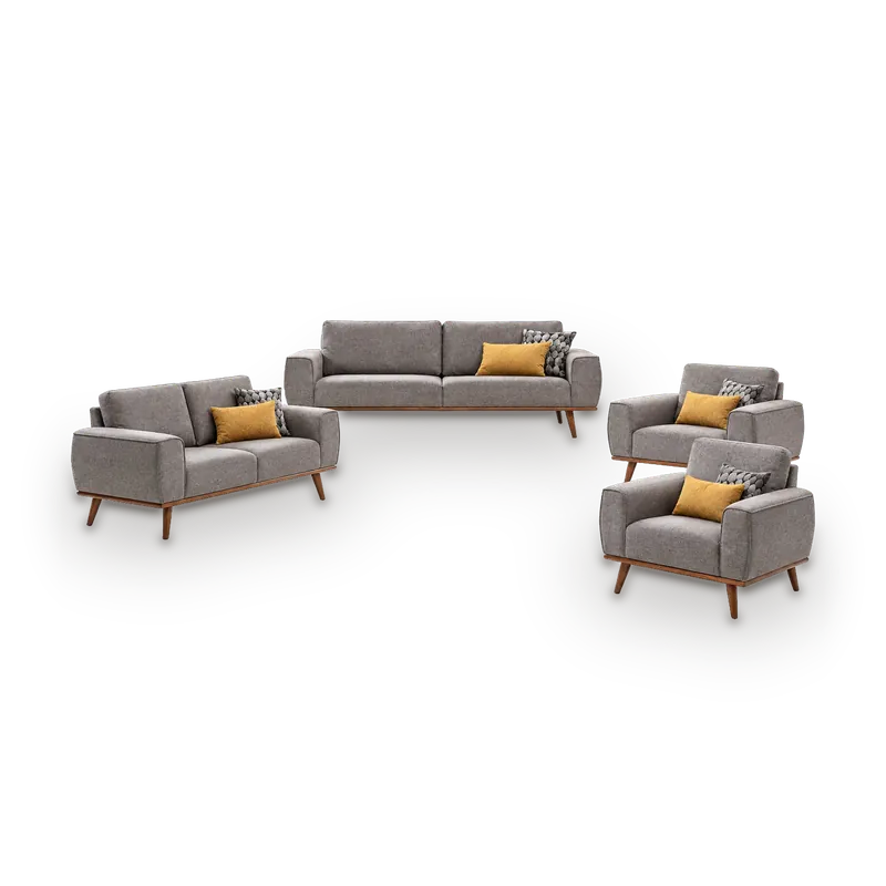 Kamari sofa set in grey textured fabric with square arms, a wooden base and splayed wooden legs, 7 seats