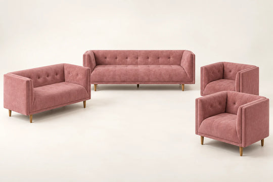 Delaney Sofa — 7-seat set visualization: one 3-seater, one 2-seater and two matching chairs. طقم ٧ مقاعد: ثلاثي + ثنائي + كرسيين.