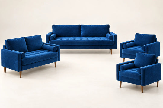 Charmaine Sofa — 7-seat set visualization: one 3-seater, one 2-seater and two matching chairs. طقم ٧ مقاعد: ثلاثي + ثنائي + كرسيين.