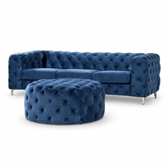 Lyric Sofa with matching round ottoman on a clean white background