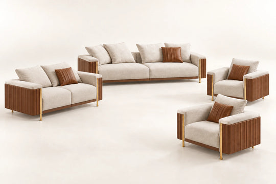 Deven Sofa — 7-seat set visualization: one 3-seater, one 2-seater and two matching chairs. طقم ٧ مقاعد: ثلاثي + ثنائي + كرسيين.