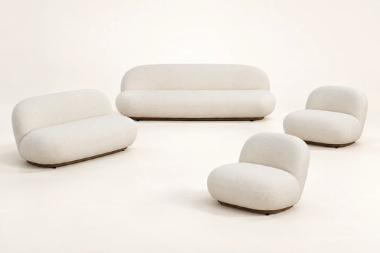 Layne Sofa — 7-seat set visualization: one 3-seater, one 2-seater and two matching chairs. طقم ٧ مقاعد: ثلاثي + ثنائي + كرسيين.