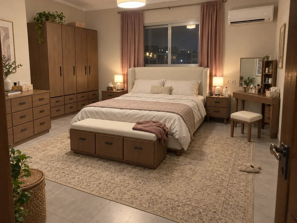 
Afaq Two-Drawer Bedside — in a Saudi home