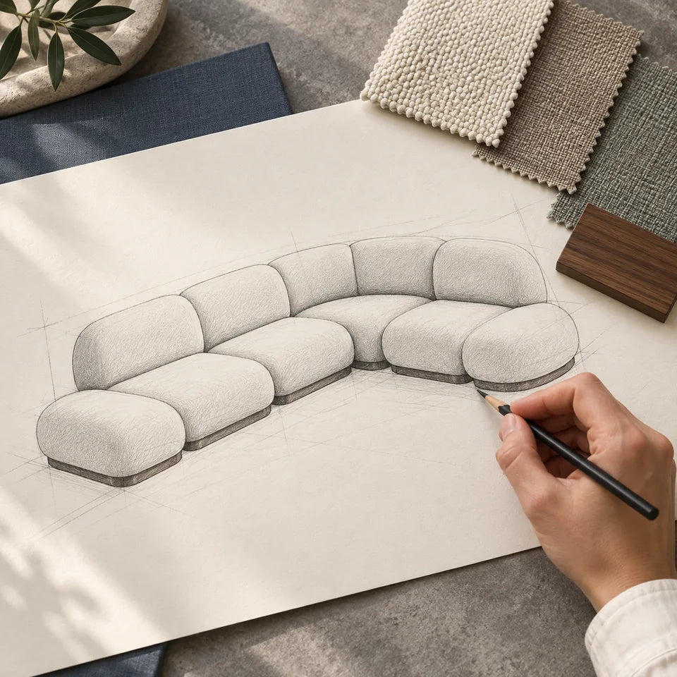 Illustrative furniture design process: a pencil sketch with upholstery and wood samples