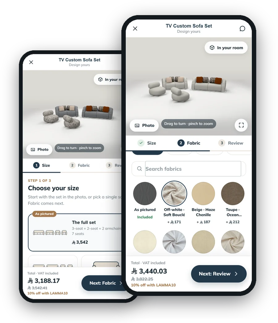 The KLIK 3D designer: choose the size, then the fabric, with the price