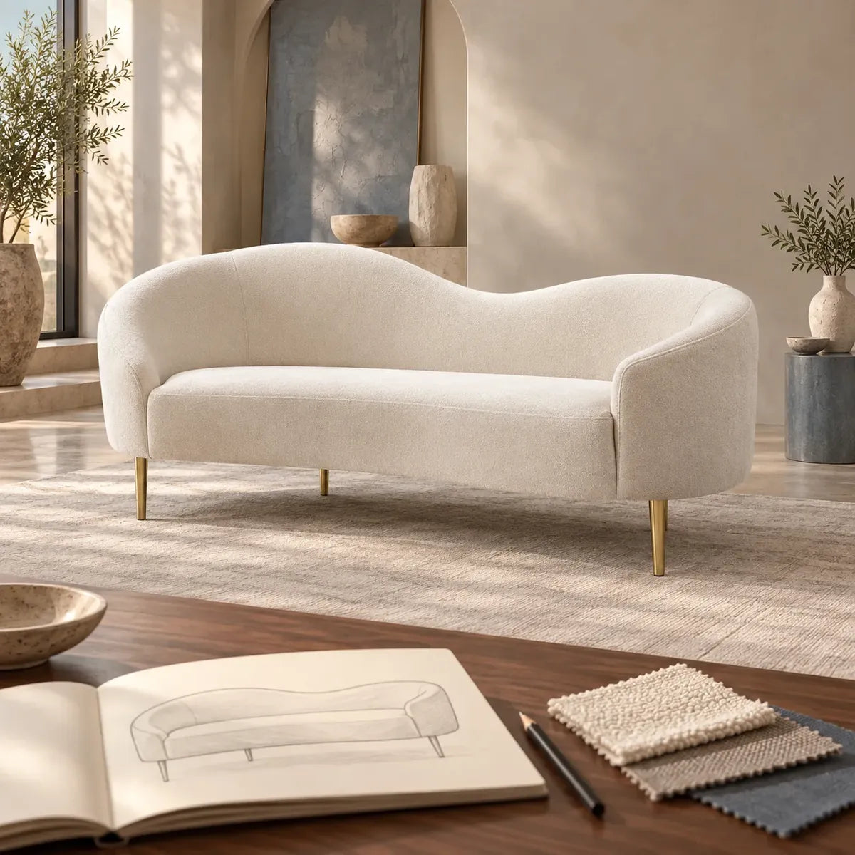 Curved sofa in a design studio with fabric swatches and sketches