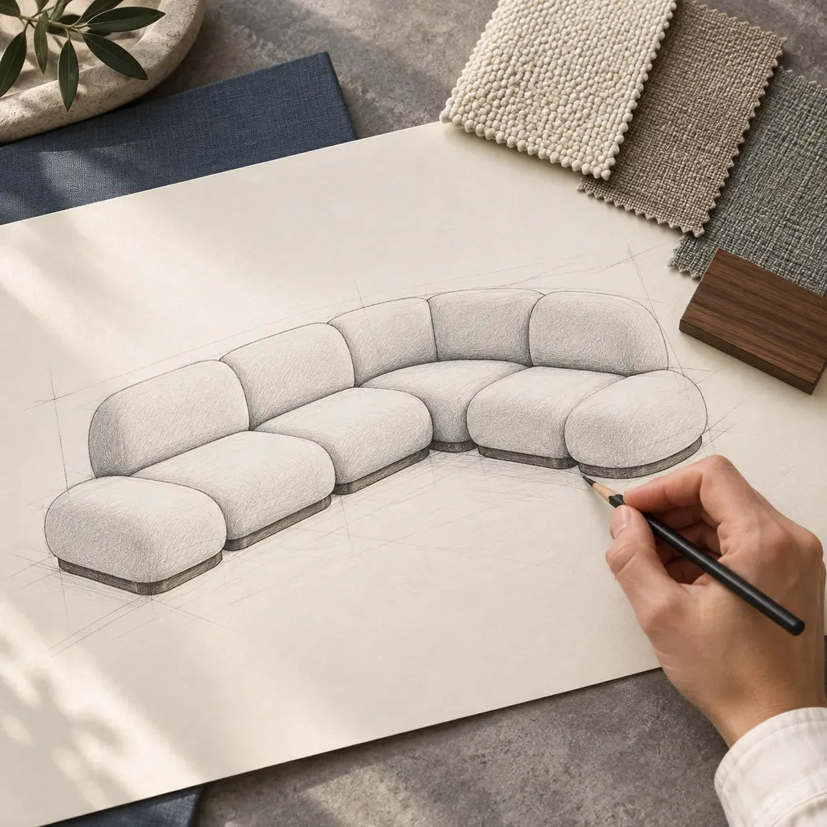 A sofa design being sketched beside fabric samples