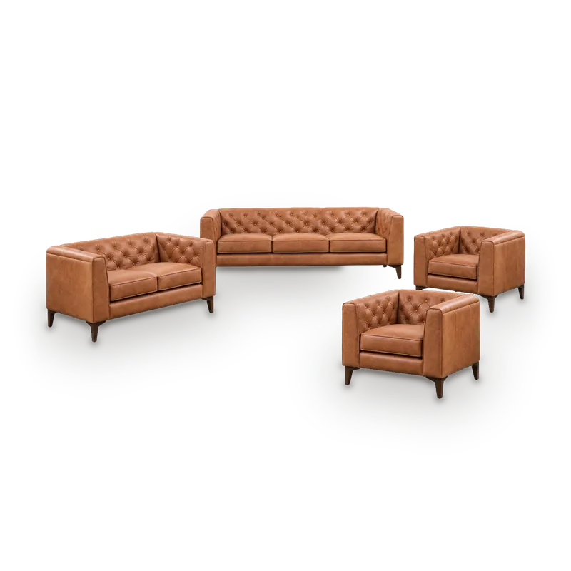 Everleigh sofa set in tan leather-look fabric with a buttoned back and track arms, 7 seats