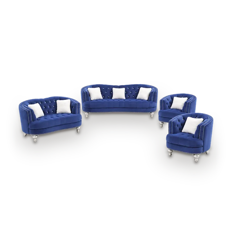 Harriet classic curved sofa set in royal blue velvet with button tufting and nailhead trim, 7 seats