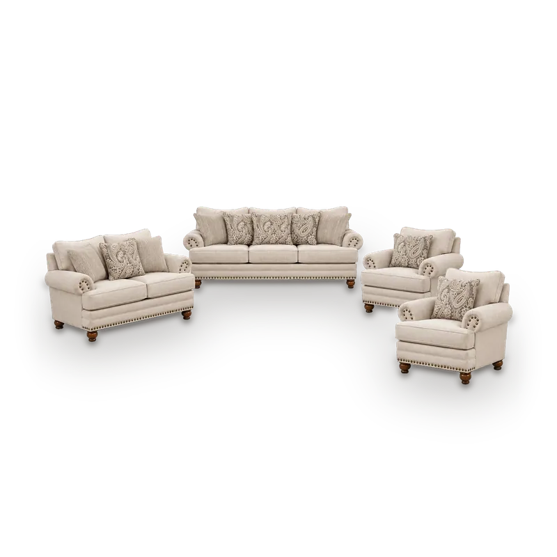 Juniper classic sofa set in oatmeal beige fabric with rolled arms and nailhead trim, 7 seats