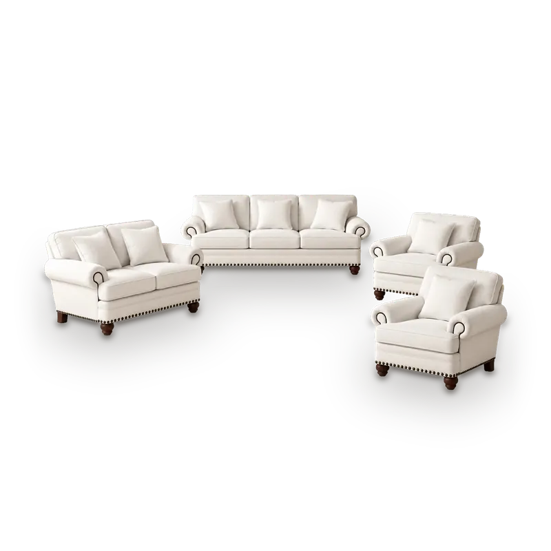 Delilah classic sofa set in ivory fabric with rolled arms and nailhead trim, 7 seats