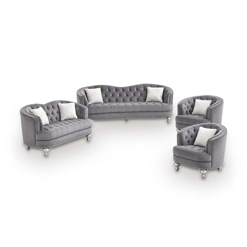 Flora classic curved sofa set in grey velvet with button tufting and nailhead trim, 7 seats