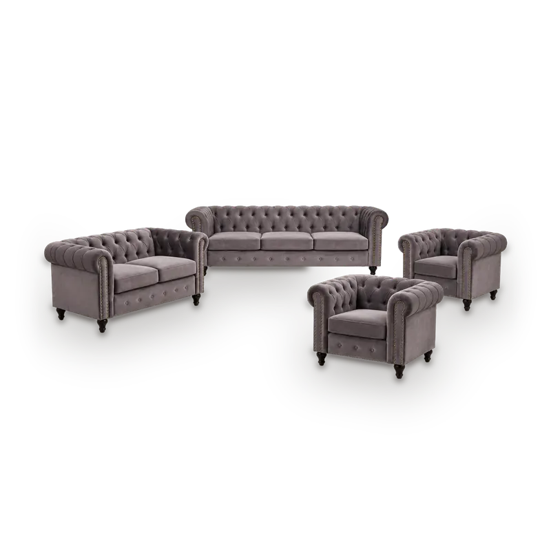 Harley classic Chesterfield sofa set in grey velvet with deep button tufting and rolled arms, 7 seats