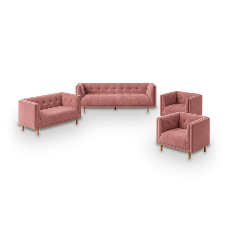 Delaney sofa set in dusty pink velvet with a buttoned back and track arms, 7 seats