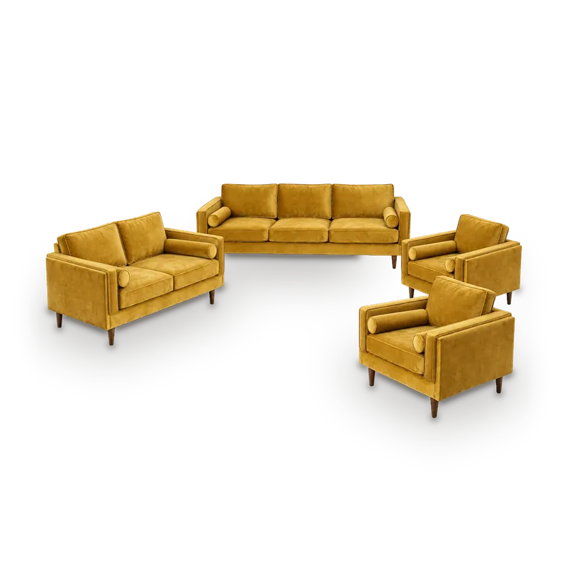 Mae sofa set in mustard yellow velvet with track arms, bolster cushions and tapered wooden legs, 7 seats