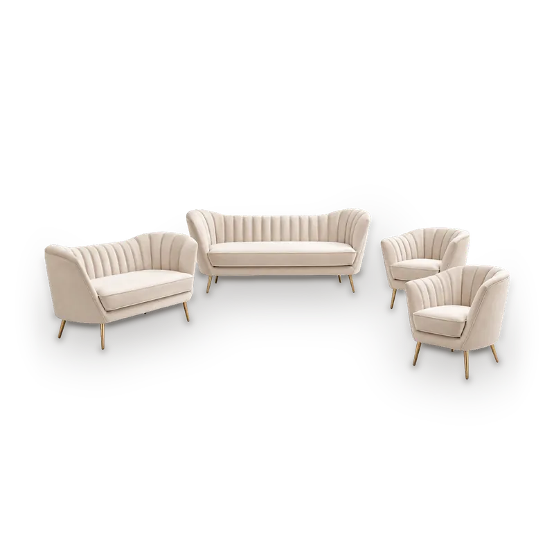 Lola sofa set in blush pink velvet with channel-tufted curved backs and gold legs, 7 seats