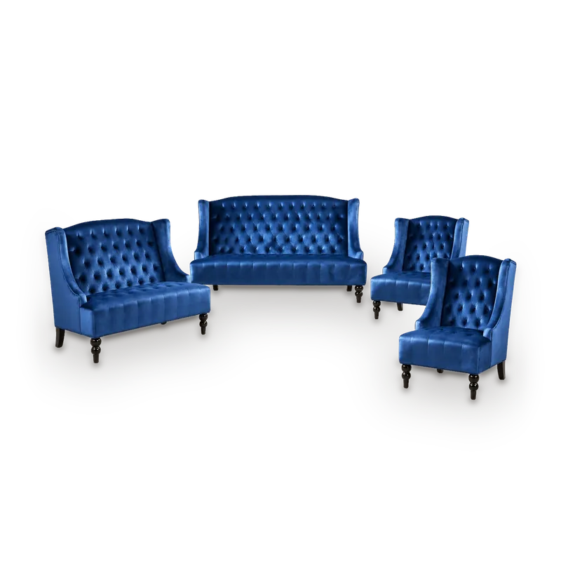 Lucy classic high-back wingback sofa set in royal blue velvet with diamond tufting, 7 seats
