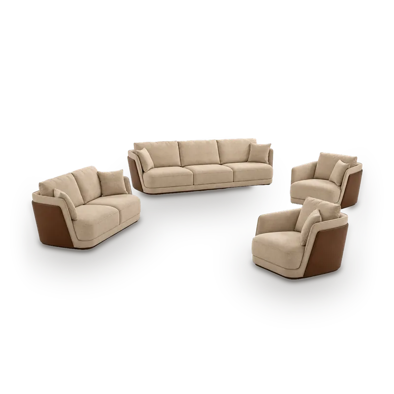 Richmond sofa set in sand beige fabric with curved brown outer shells and rounded tub armchairs, 7 seats