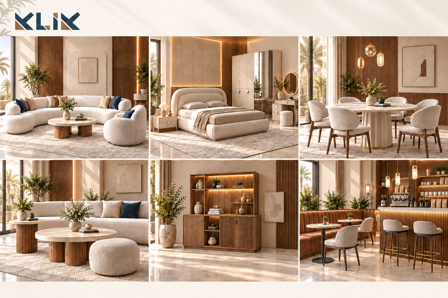 Six project furniture groups including seating, bedrooms, wardrobes, dining, tables, coffee corners and cafés